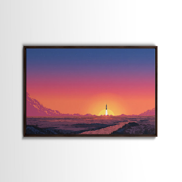 Rocket Sunset Landscape Wall Art, Retro Sci Fi Poster, Mid Century Modern Print, Orange Pink Desert Decor, Space Travel Art