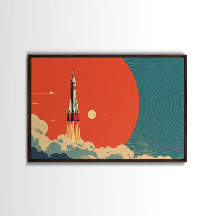 Retro Rocket Launch At Orange Planet, Midcentury Modern Wall Art, Space Poster, Sci Fi Print, Atomic Decor For Living Room