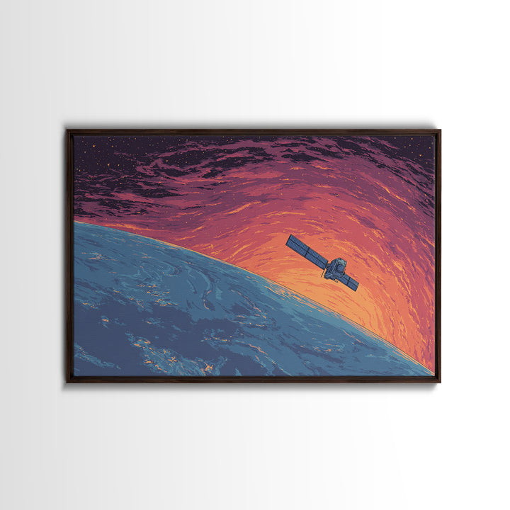 Satellite Over Blue Planet At Sunset, Retro Sci Fi Wall Art, Midcentury Modern Art Print, Space Poster For Home Office Decor