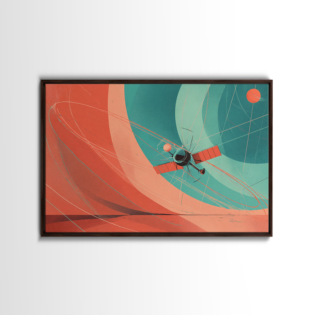 Abstract Satellite Orbit With Coral Teal Planets, Canvas Print, Midcentury Modern Wall Art, Geometric Space Poster Decor