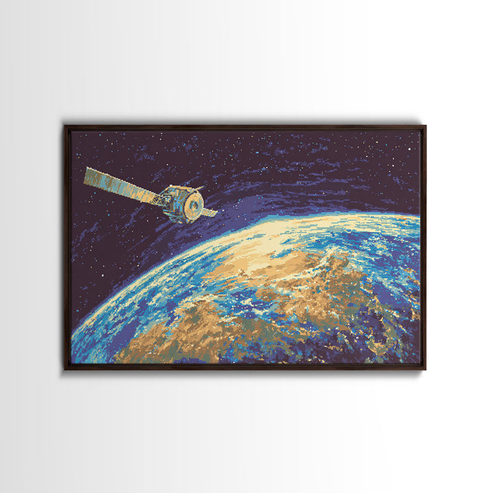 Satellite Over Earth With Stars, Midcentury Modern Wall Art, Retro Sci Fi Space Poster, Blue Canvas Print For Office Decor