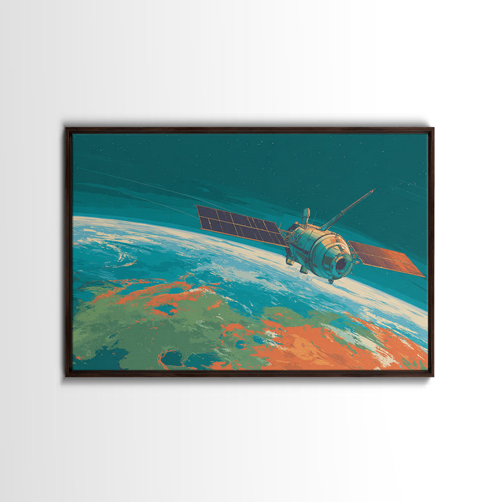 Teal Satellite Above Earth Horizon, Canvas Print, Midcentury Modern Wall Art, Retro Space Poster, Modern Home Office Decor