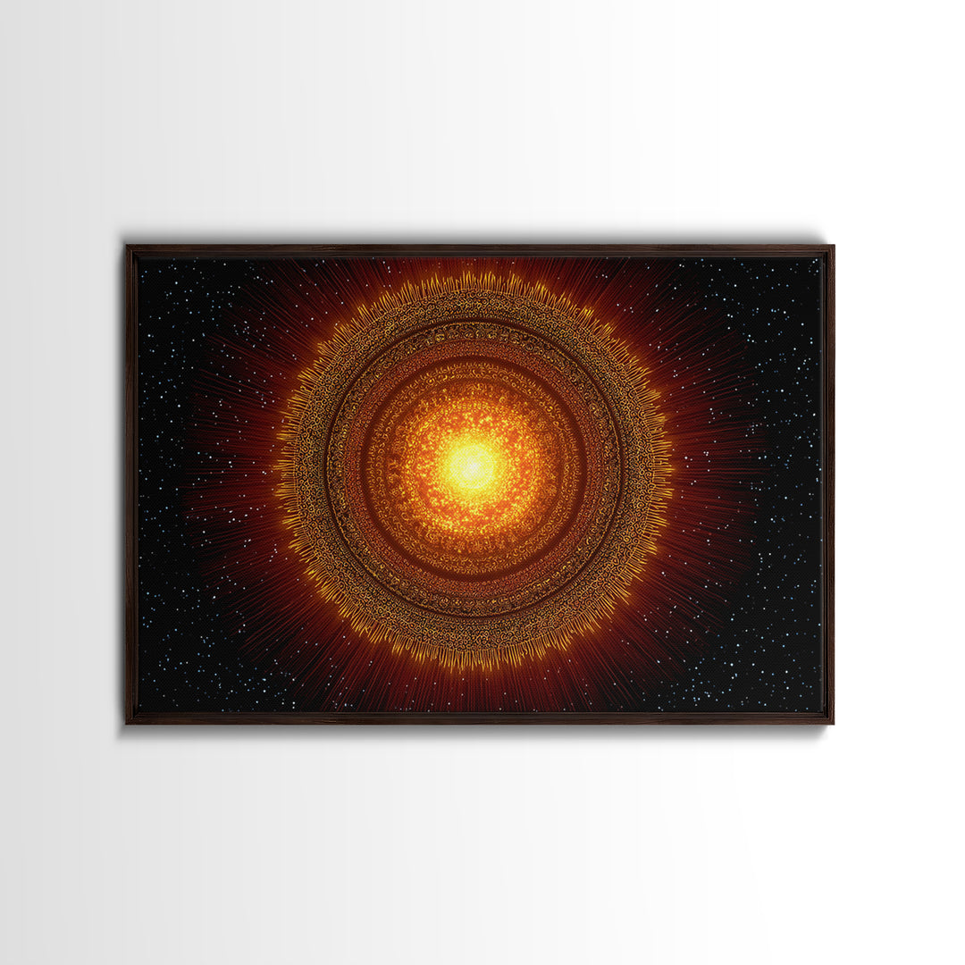 Radiant Orange Sun Star Mandala In Space, Midcentury Modern Wall Art, Cosmic Abstract Canvas Print, Spiritual Decor For Living Room