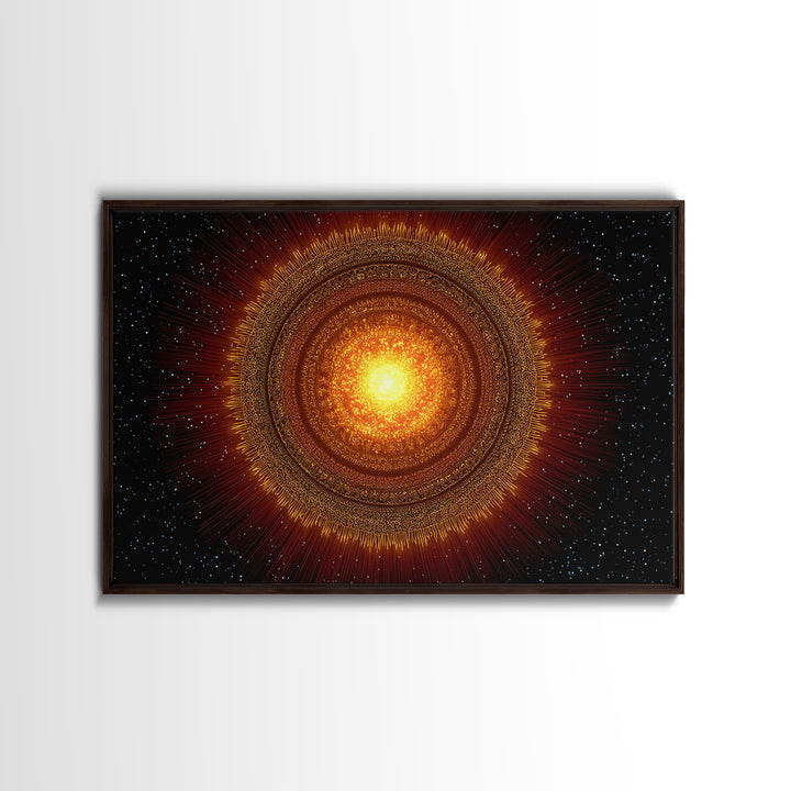Radiant Orange Sun Star Mandala In Space, Midcentury Modern Wall Art, Cosmic Abstract Canvas Print, Spiritual Decor For Living Room