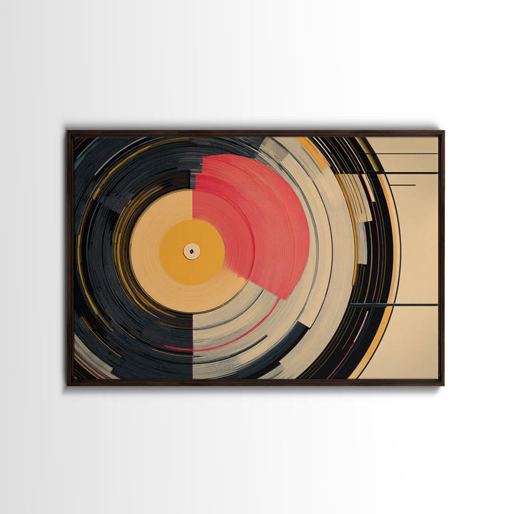 Coral And Gold Vinyl Circles Framed Canvas Print, Mid Century Modern Wall Decor, Abstract Record Art, Bold MCM Home Art Poster