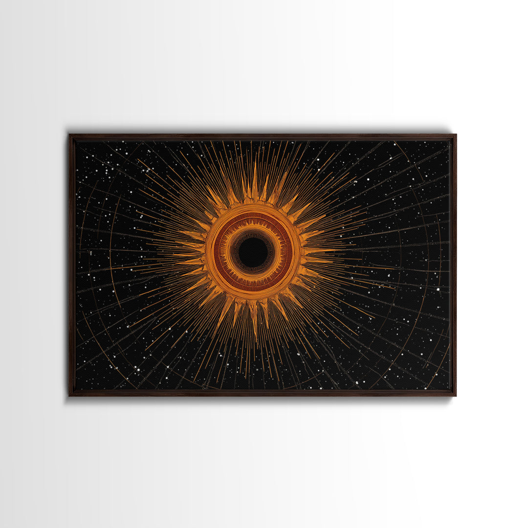 Orange Eclipse Starburst In Black Space Wall Art, Midcentury Modern Art Print, Atomic Retro Decor, Cosmic Abstract Poster
