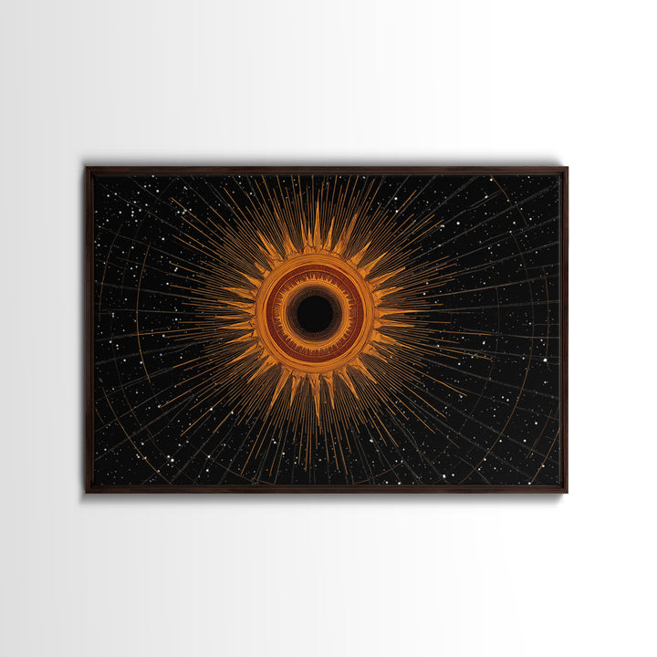 Orange Eclipse Starburst In Black Space Wall Art, Midcentury Modern Art Print, Atomic Retro Decor, Cosmic Abstract Poster