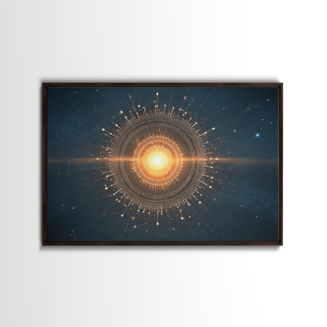 Glowing Golden Sun Mandala In Deep Space Canvas Print, Modern Abstract Art, Celestial Wall Decor, Midcentury Cosmic Poster