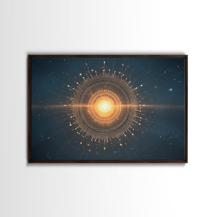 Glowing Golden Sun Mandala In Deep Space Canvas Print, Modern Abstract Art, Celestial Wall Decor, Midcentury Cosmic Poster