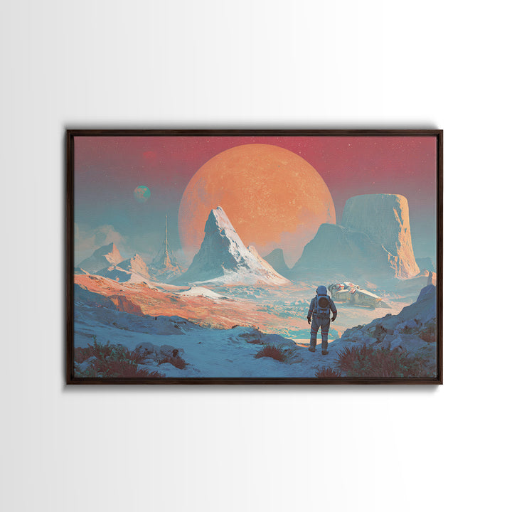 Pastel Astronaut Alien Planet Mountain Framed Canvas Print, Modern Sci Fi Wall Art, Pink Blue Landscape, Retro Space Decor