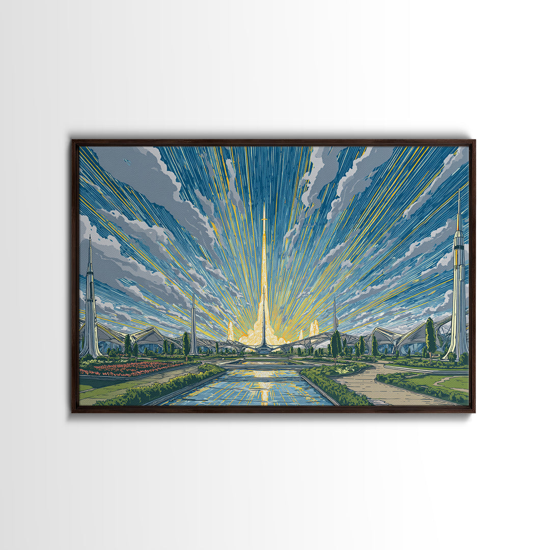 Futuristic Rocket Skyline At Sunrise Framed Canvas Print, Midcentury Modern Wall Art, Atomic City Poster, Blue Yellow Decor