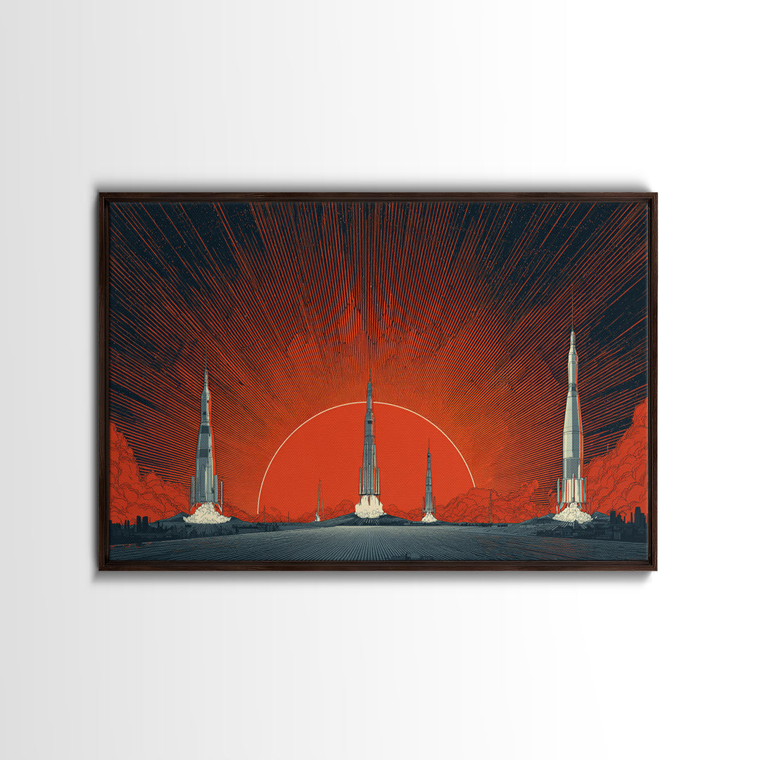 Rocket Sunscape Wall Art, Retro Futuristic Space Poster, Midcentury Modern Art Print, Large Atomic Orange MCM Wall Decor