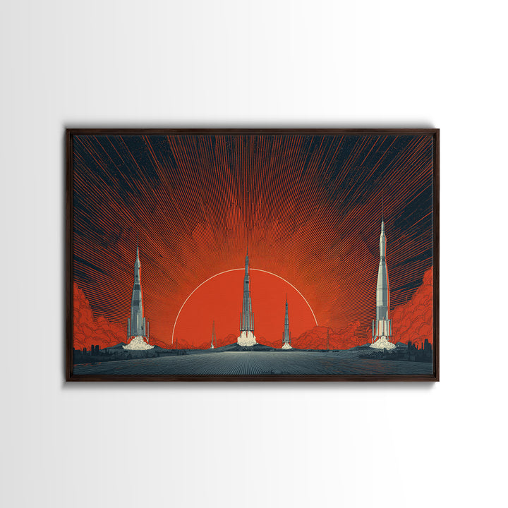 Rocket Sunscape Wall Art, Retro Futuristic Space Poster, Midcentury Modern Art Print, Large Atomic Orange MCM Wall Decor