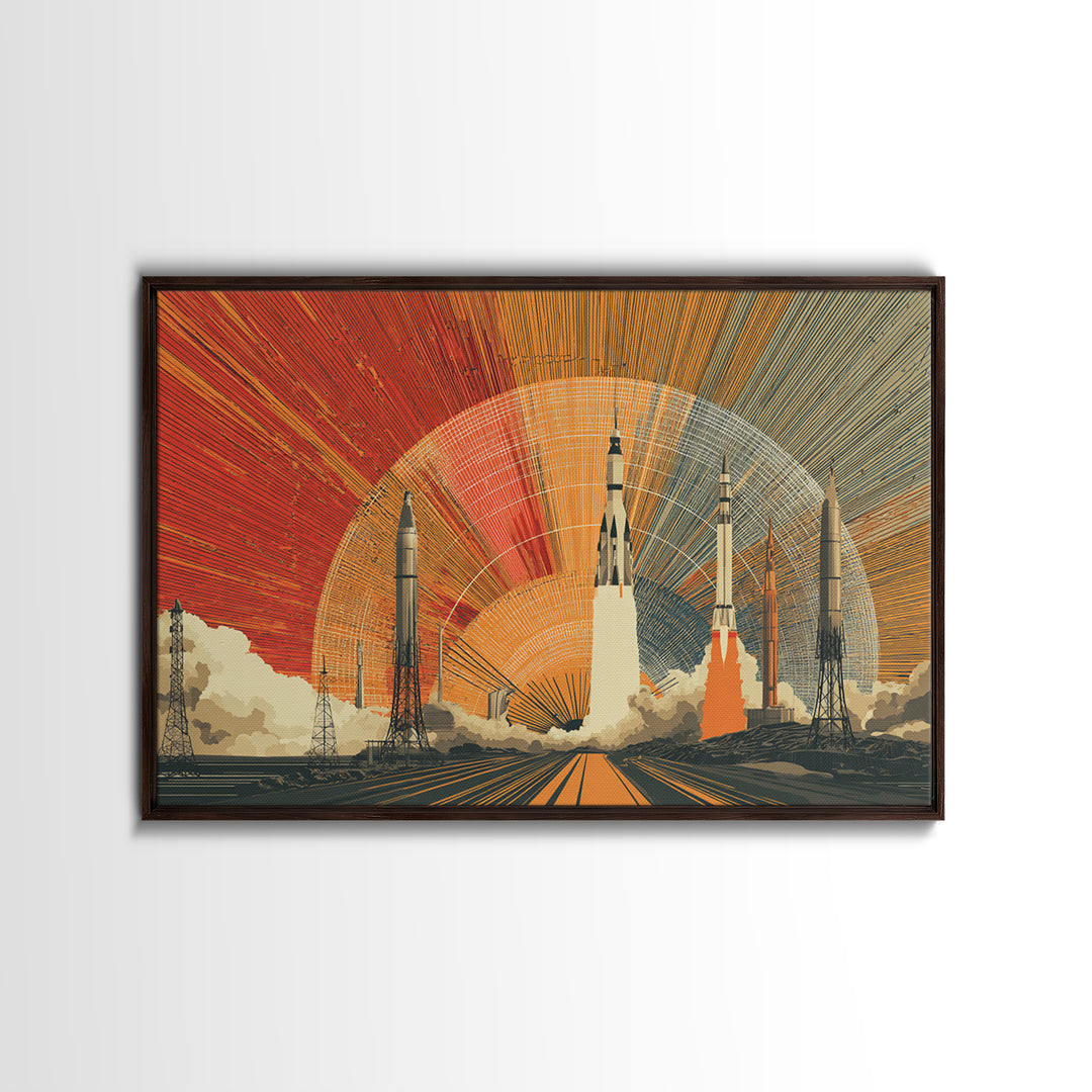 Rocket Launch Wall Art, Retro Space Race Poster, Midcentury Modern Art Print, Atomic Sunset Sci Fi Large MCM Office Decor