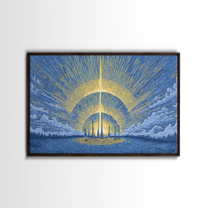 Blue Solar City Wall Art, Futuristic Sunrise Poster, Midcentury Modern Art Print, Retro Space Abstract Large MCM Home Decor