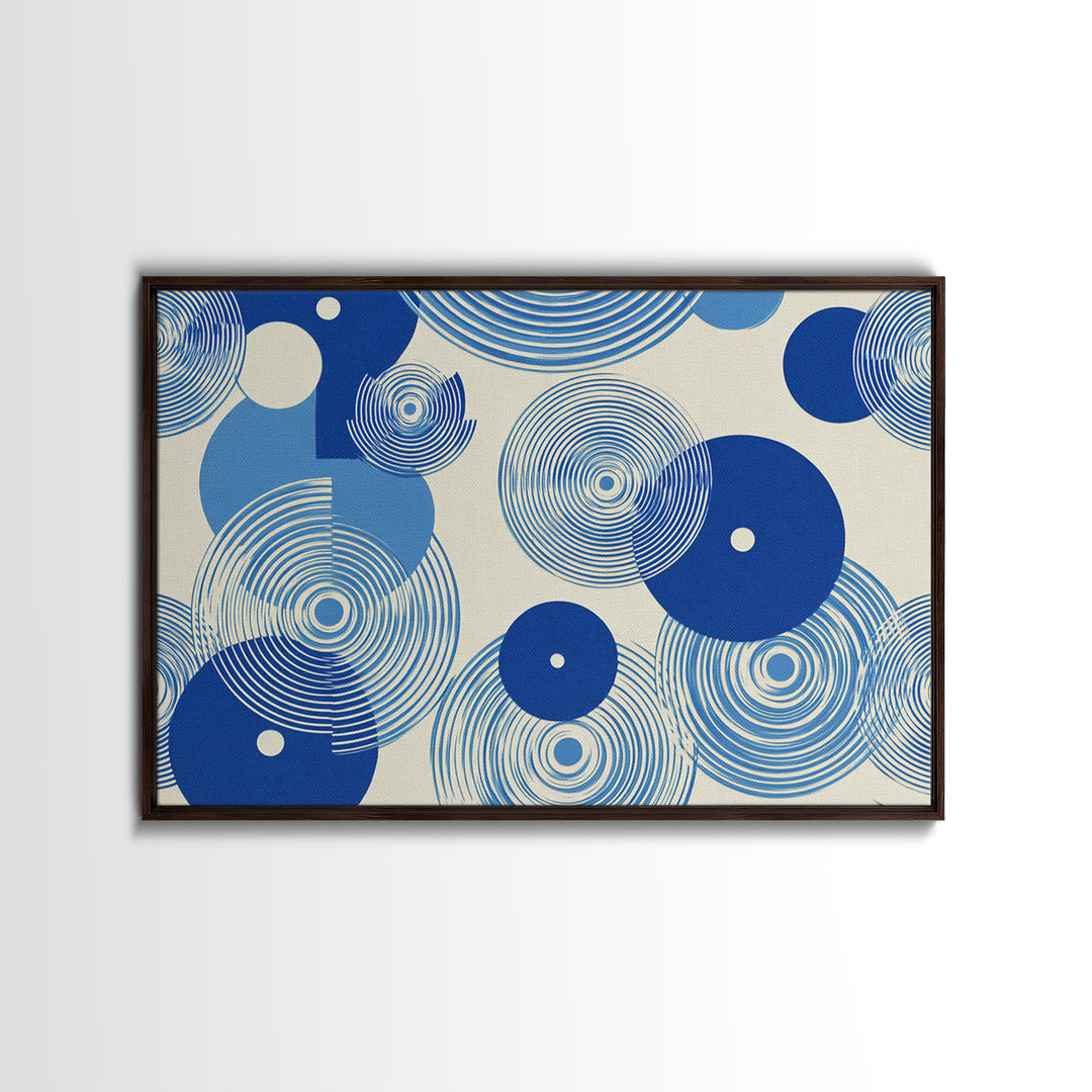 Blue Concentric Circle Pattern Canvas Print, Scandinavian Modern Wall Art, Geometric Abstract Decor, Minimal MCM Poster Print