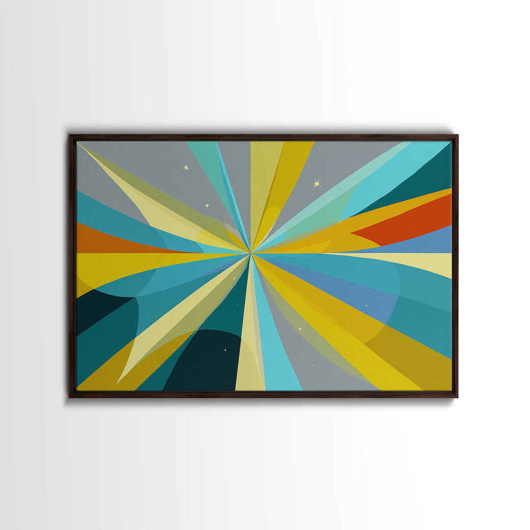 Radiant Starburst Wall Art, Blue Yellow Geometric Abstract Print, Midcentury Modern Decor, Retro MCM Large Living Room Decor