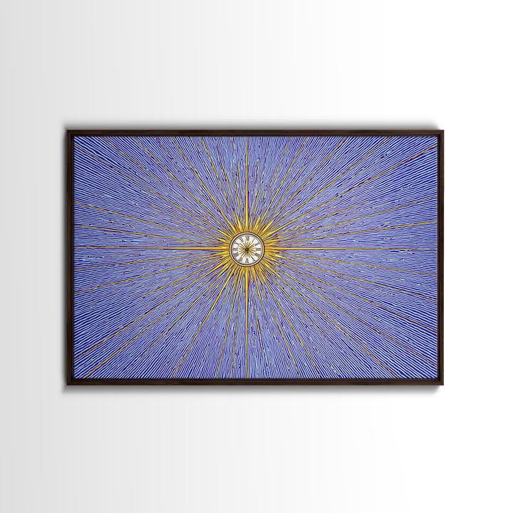 Blue Gold Radial Starburst Clock Canvas Print, Mid Century Modern Wall Decor, Atomic Retro Art Print, MCM Home Decor, Living Room Artwork