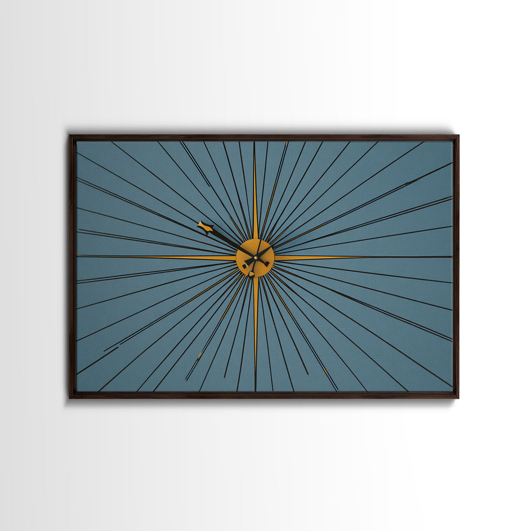 Minimal Gold Starburst Clock On Teal Wall Art, Mid Century Modern Decor, Atomic Geometric Art Print, Retro MCM Poster, Home Office Decor