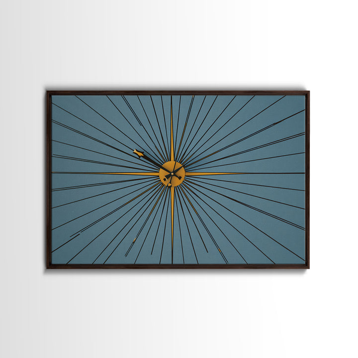 Minimal Gold Starburst Clock On Teal Wall Art, Mid Century Modern Decor, Atomic Geometric Art Print, Retro MCM Poster, Home Office Decor