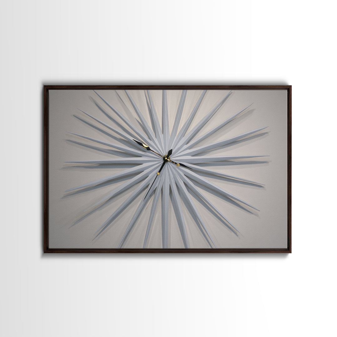 White Sculptural Starburst Clock Framed Canvas Print, Mid Century Modern Wall Decor, Minimalist MCM Art For Bedroom, Living Room Decor