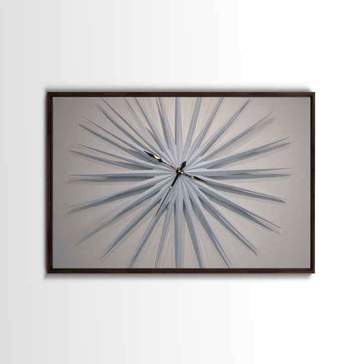 White Sculptural Starburst Clock Framed Canvas Print, Mid Century Modern Wall Decor, Minimalist MCM Art For Bedroom, Living Room Decor