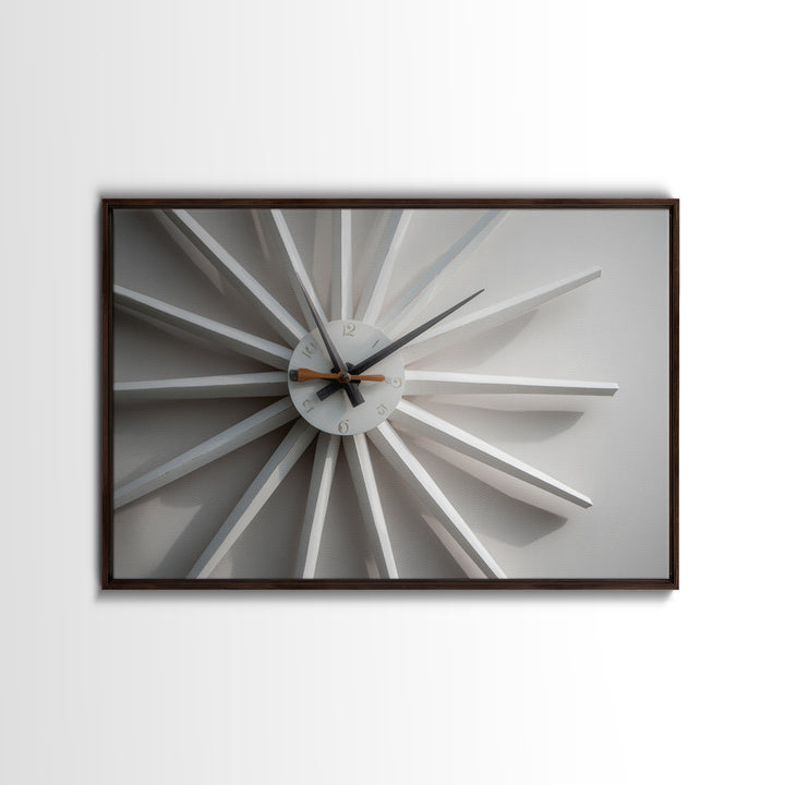 Close Up White Atomic Clock Canvas Print, Mid Century Modern Decor, Minimalist Wall Art, Retro MCM Living Room Poster Print