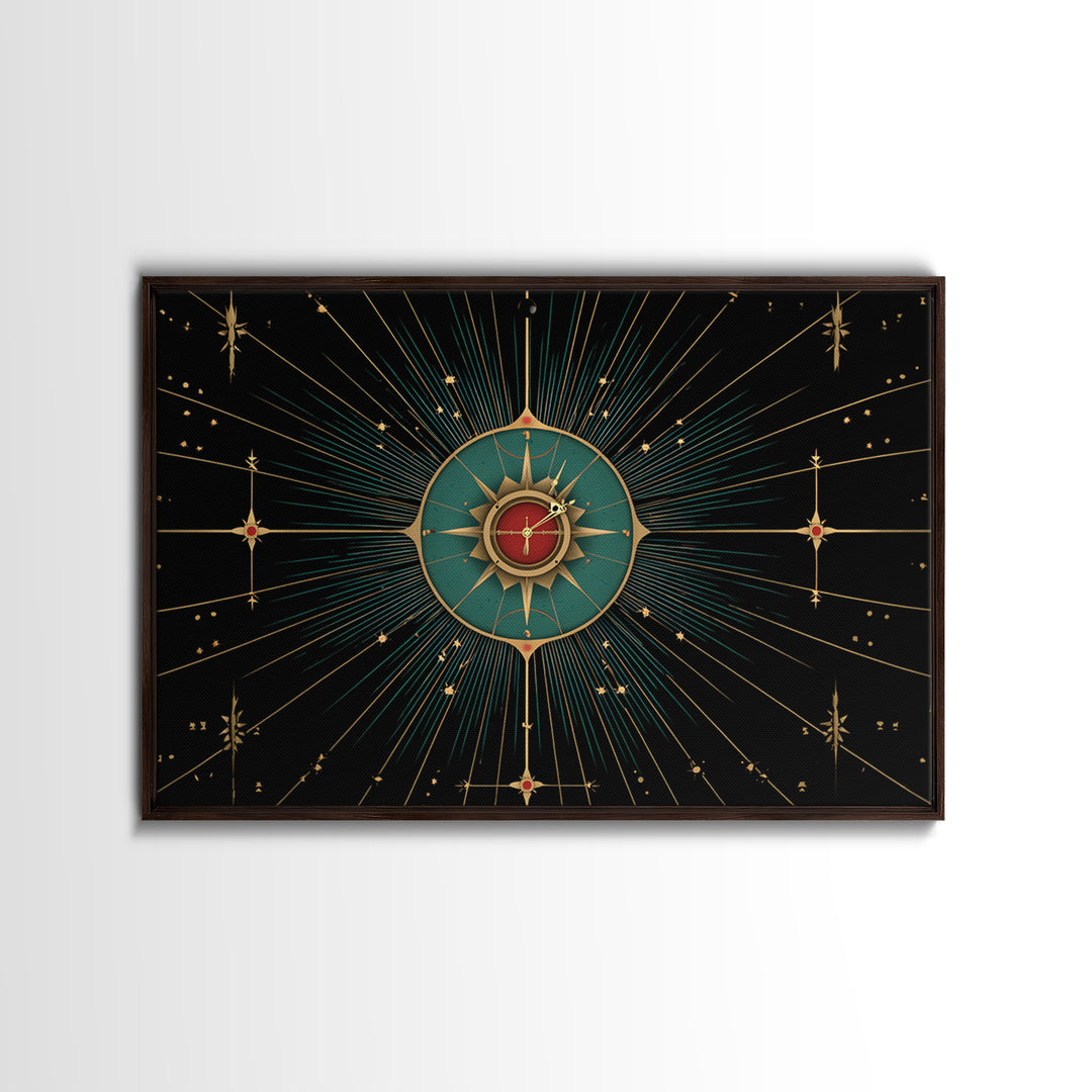 Celestial Teal Compass Clock Framed Canvas Print, Mid Century Modern Wall Decor, Atomic Starburst Art, Retro MCM Poster Print