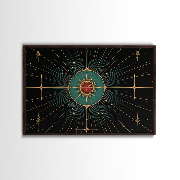 Celestial Teal Compass Clock Framed Canvas Print, Mid Century Modern Wall Decor, Atomic Starburst Art, Retro MCM Poster Print