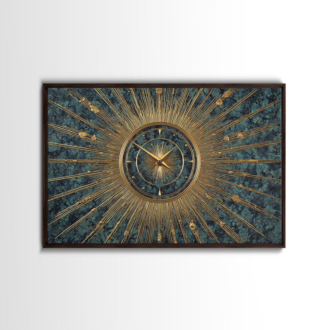 Ornate Gold Starburst Clock On Blue Wall Art, Mid Century Modern Decor, Atomic Art Deco Poster, Elegant MCM Art Print, Home Decor