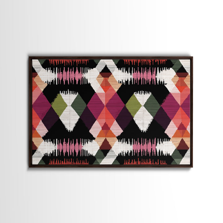 Colorful Diamond Ikat Pattern Framed Canvas Print, Retro Geometric Wall Art, Boho Mid Century Decor, Bold Abstract Poster