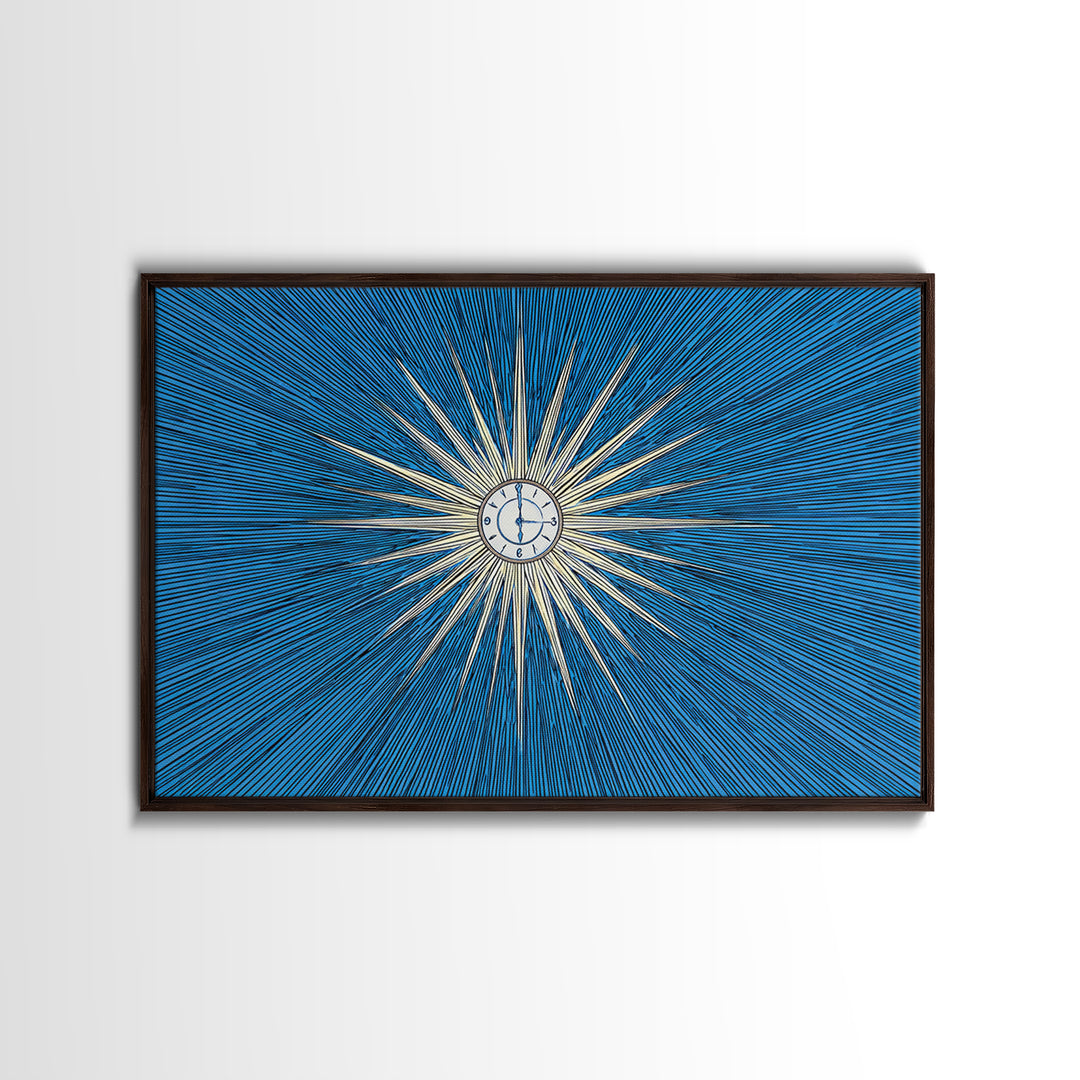 Blue White Radial Starburst Clock Canvas Print, Mid Century Modern Wall Decor, Atomic Retro Art Print, MCM Home Office Decor