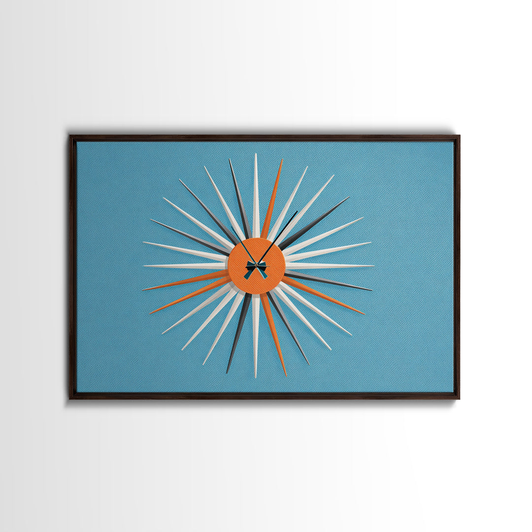 Orange Sunburst Clock On Blue Wall Art, Midcentury Modern Art, Atomic Starburst Print, Retro Wall Decor For Living Room Art