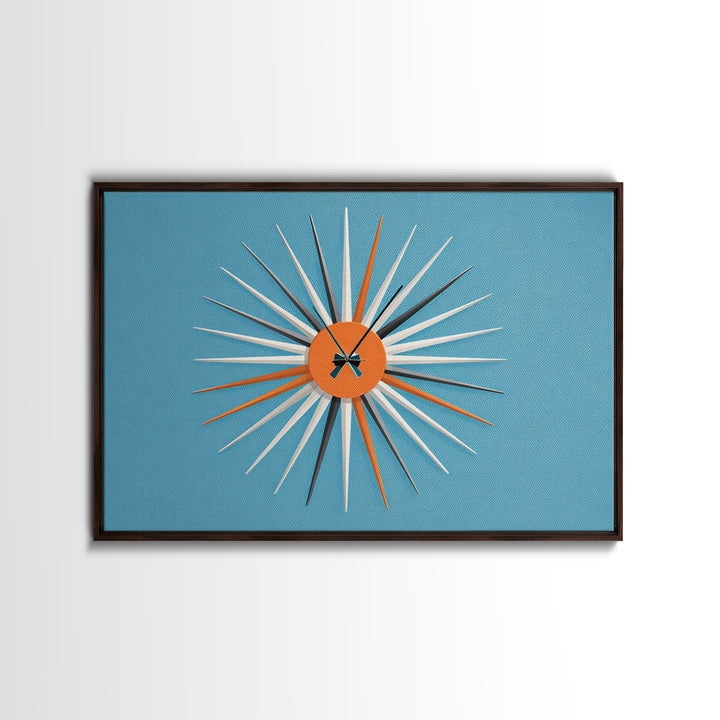 Orange Sunburst Clock On Blue Wall Art, Midcentury Modern Art, Atomic Starburst Print, Retro Wall Decor For Living Room Art