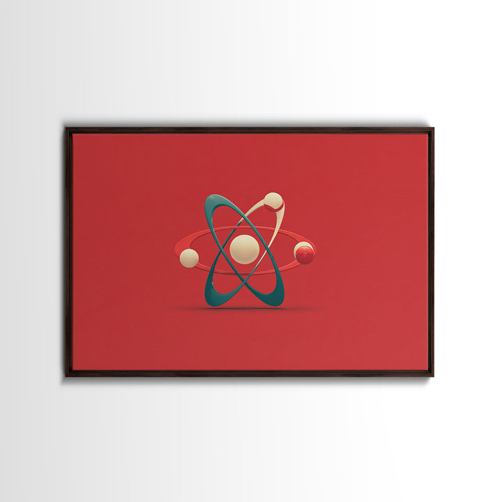 Minimal 3D Atom Sculpture On Red Canvas Print, Midcentury Modern Art, Retro Science Poster, Modern Wall Decor Gift For Him