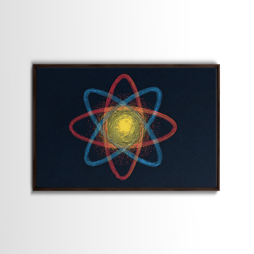 Etched Yellow Atom On Dark Blue Canvas Print, Atomic Retro Art, Midcentury Wall Art, Space Abstract Art For Office Decor