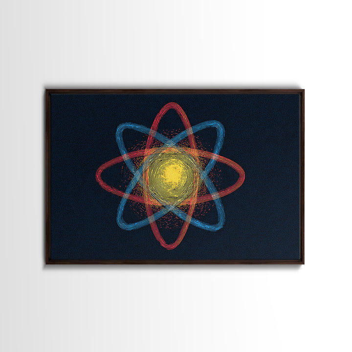 Etched Yellow Atom On Dark Blue Canvas Print, Atomic Retro Art, Midcentury Wall Art, Space Abstract Art For Office Decor