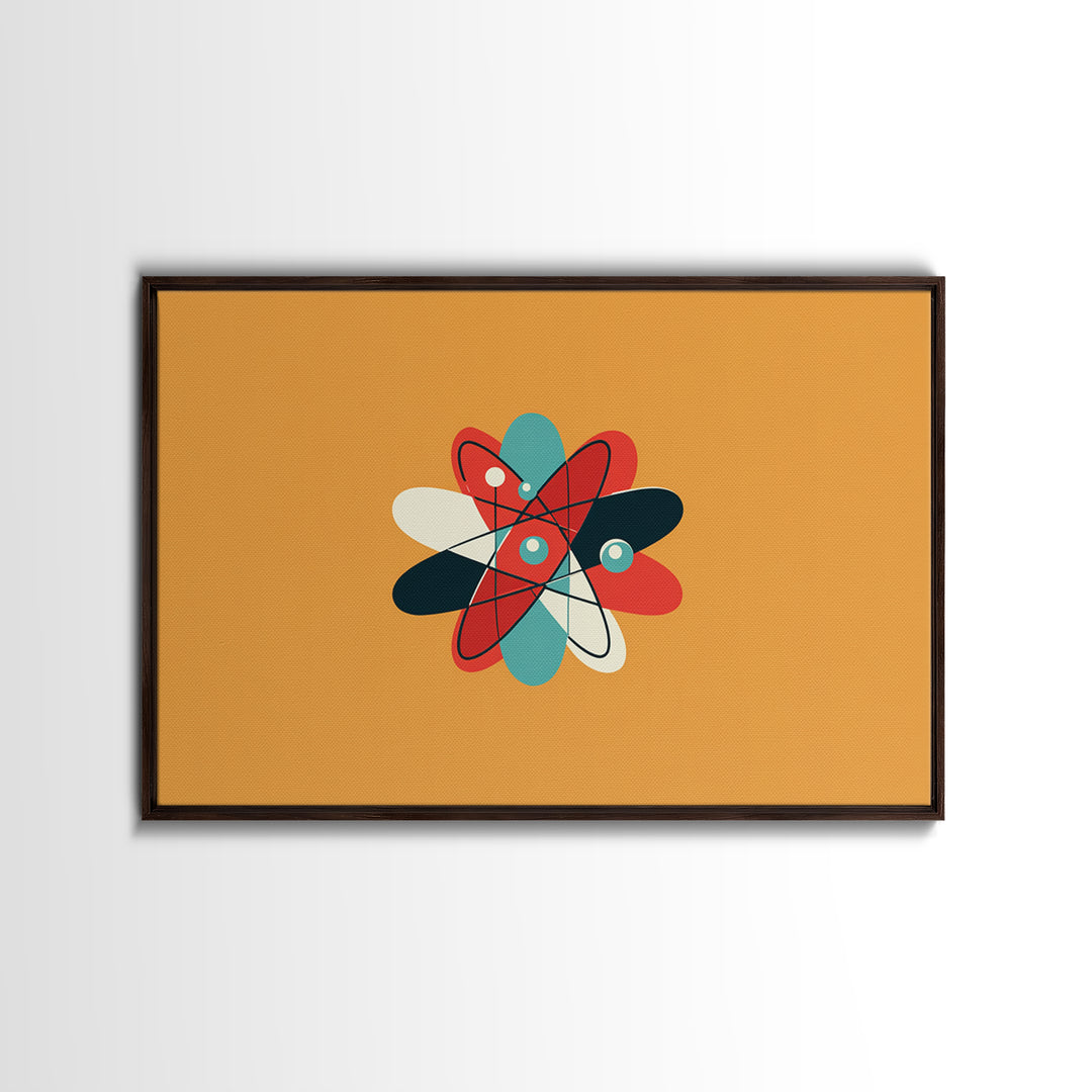Flat Atomic Flower On Mustard Wall Art, Midcentury Modern Art, Geometric Poster, Retro Wall Decor For Kids Room And Nursery