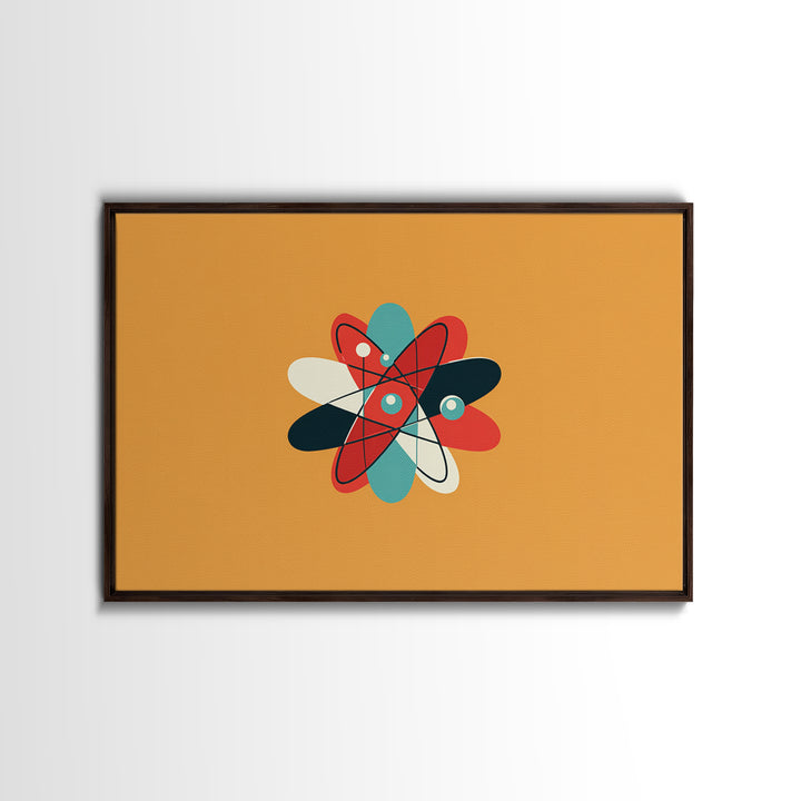 Flat Atomic Flower On Mustard Wall Art, Midcentury Modern Art, Geometric Poster, Retro Wall Decor For Kids Room And Nursery