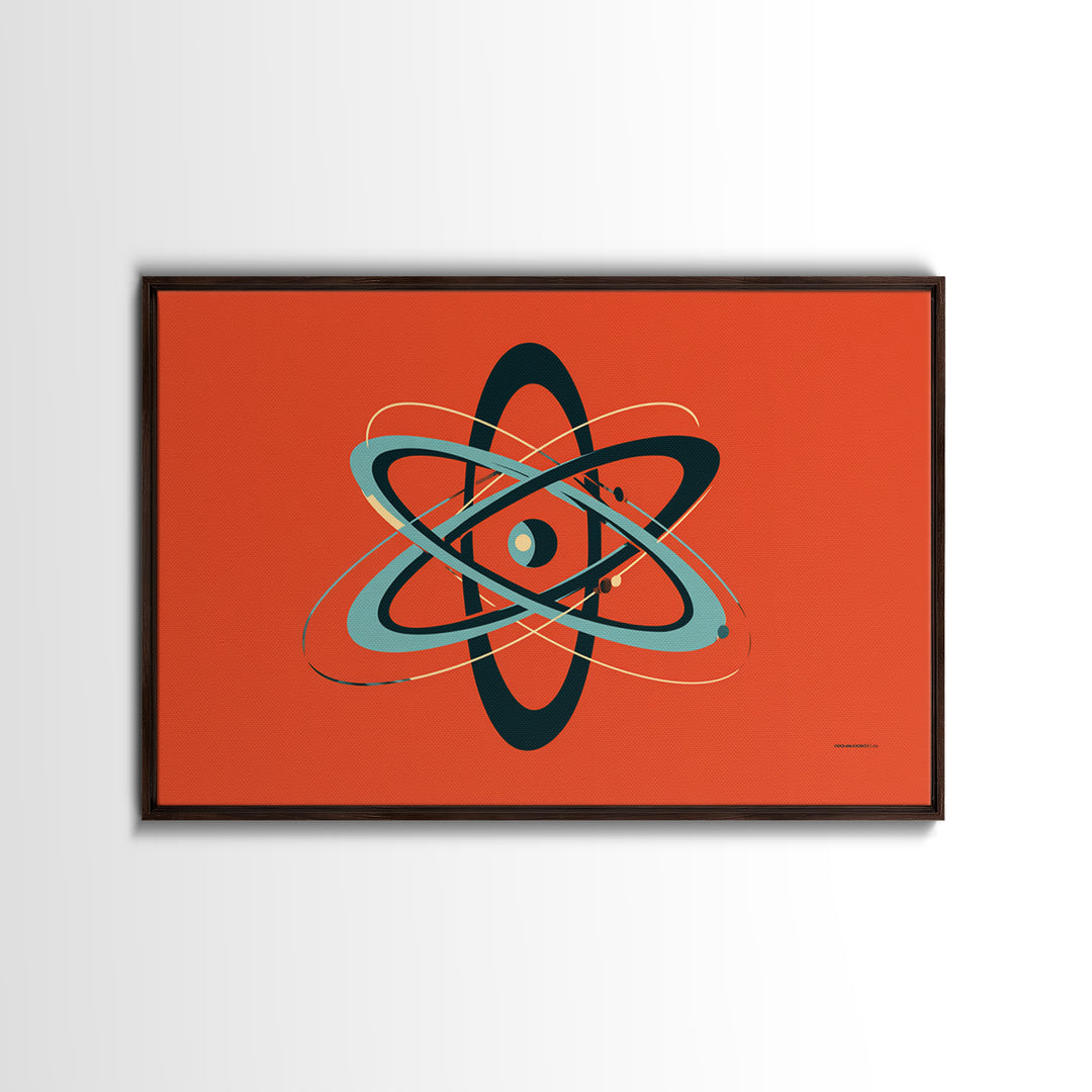 Teal Black Atomic Orbit On Orange Framed Canvas Print, Retro Modern Poster, Midcentury Wall Art, Bold MCM Wall Decor Art