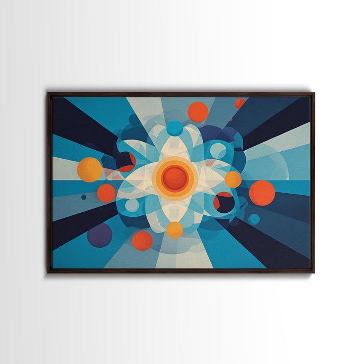 Geometric Atomic Burst With Circles Wall Art, Midcentury Modern Art, Blue Orange Abstract Poster, Statement Wall Decor Art
