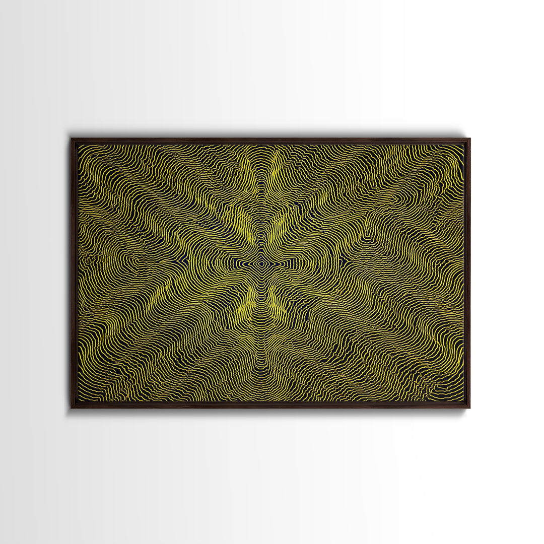 Yellow Topographic Line Optical Wall Art, Modern Abstract Op Art Print, Black Geometric Decor, Trippy Minimal Poster For Living Room