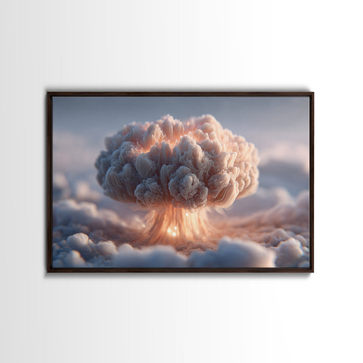 Dreamy Peach Mushroom Cloud Framed Canvas Print, Modern Abstract Art, Surreal Cloudscape, Soft Pastel Bedroom Decor, Gallery Wall Art