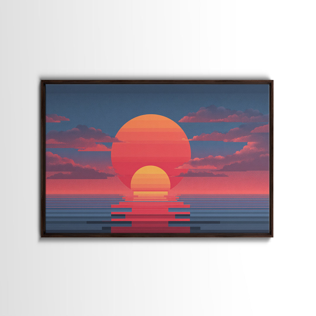 Retro Double Sun Ocean Wall Art, Midcentury Modern Art Print, Vaporwave Sunset Poster, Pink Blue Living Room Decor, Digital Art Print