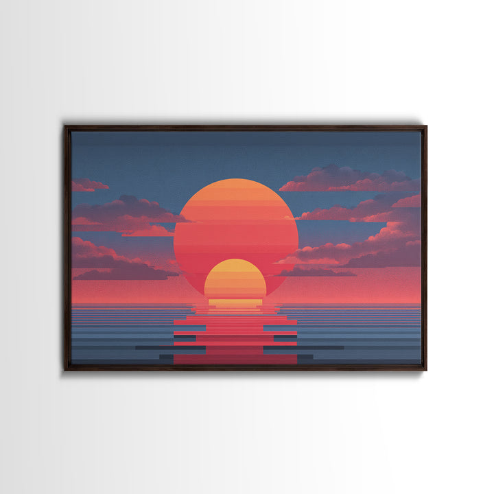 Retro Double Sun Ocean Wall Art, Midcentury Modern Art Print, Vaporwave Sunset Poster, Pink Blue Living Room Decor, Digital Art Print