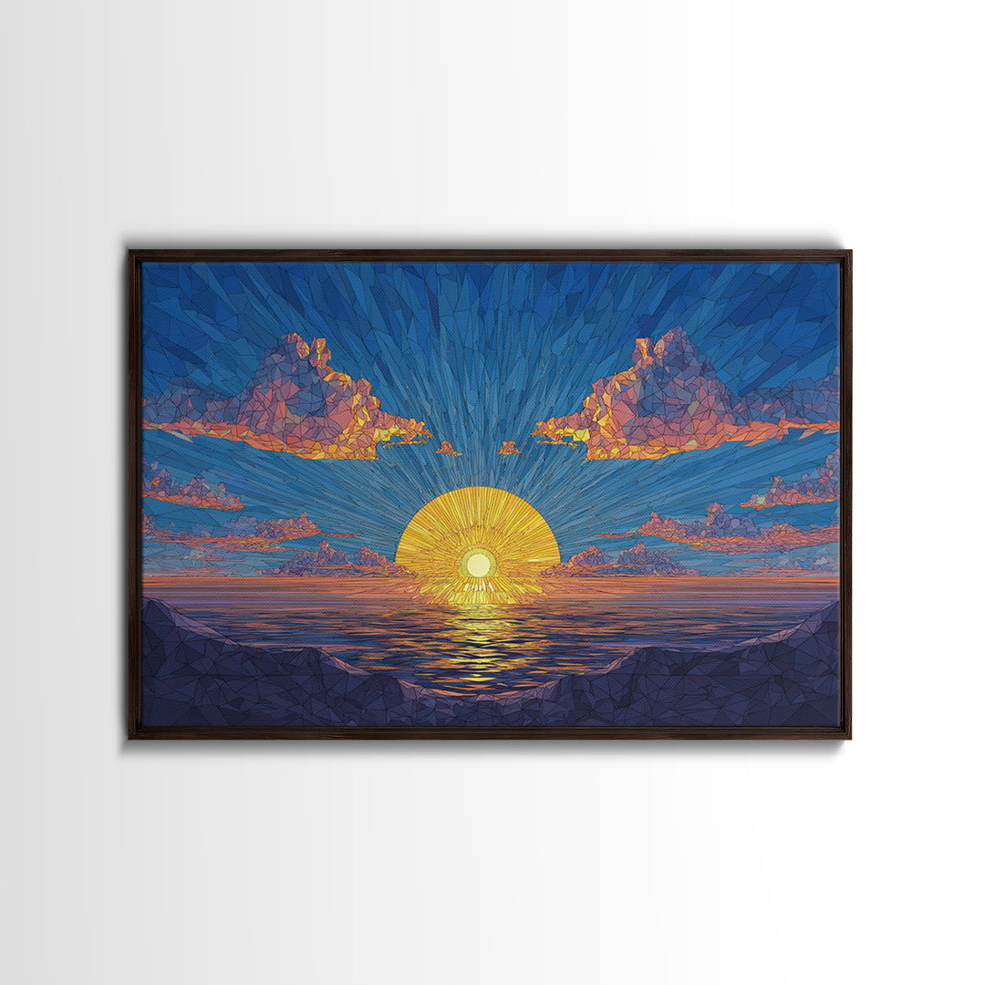 Polygon Sunset Ocean Framed Canvas Print, Midcentury Modern Wall Art, Geometric Seascape Poster, Colorful Home Decor, Blue Art Print