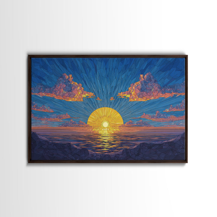 Polygon Sunset Ocean Framed Canvas Print, Midcentury Modern Wall Art, Geometric Seascape Poster, Colorful Home Decor, Blue Art Print