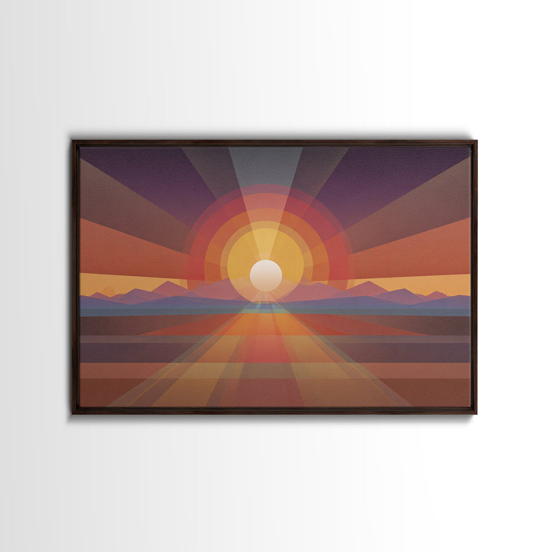 Geometric Desert Sunrise Wall Art, Midcentury Modern Abstract Art, Orange Sun Poster, Boho Southwestern Home Decor, Canvas Print