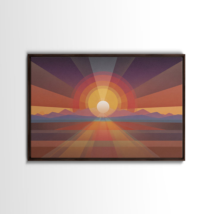 Geometric Desert Sunrise Wall Art, Midcentury Modern Abstract Art, Orange Sun Poster, Boho Southwestern Home Decor, Canvas Print
