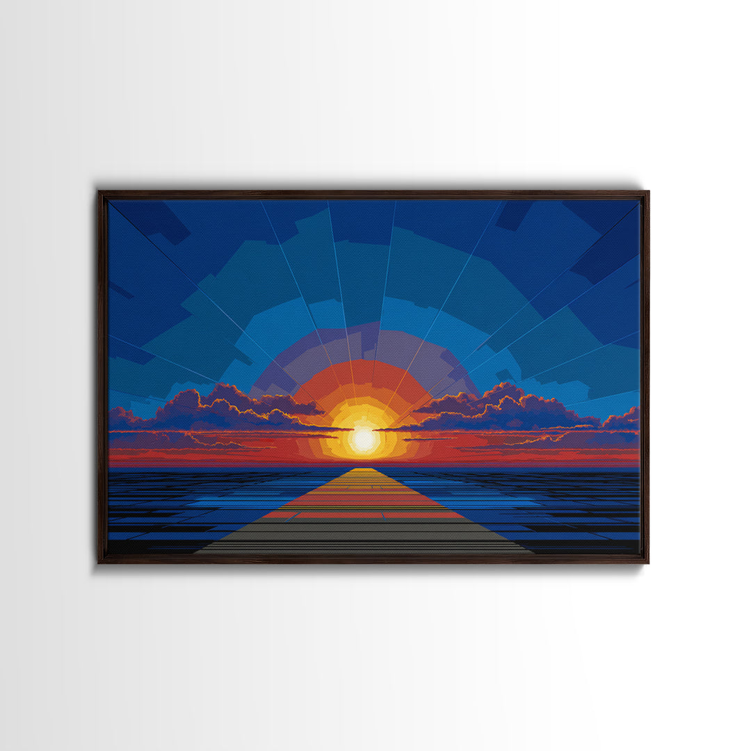 Bold Blue Sunset Pier Canvas Print, Retro Modern Wall Art, Midcentury Ocean Poster, Graphic Living Room Wall Decor, Large Art Print